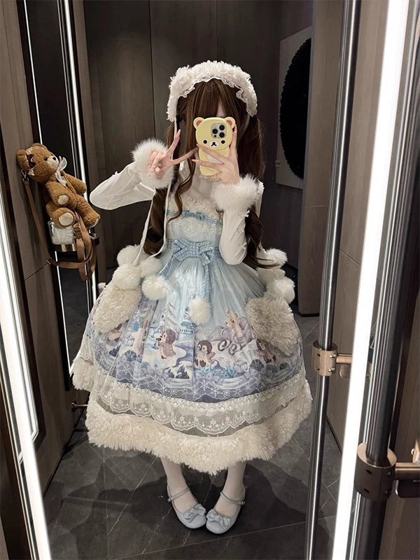 Pale blue and cream fluffy-trimmed JSK dress with headband and arm sleeves worn in a mirror.