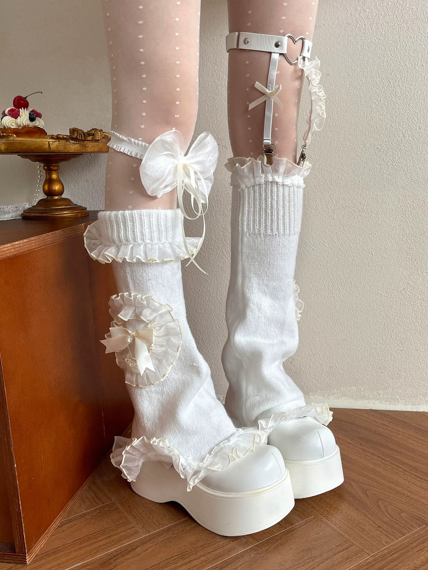 Sock Noble - Cream Ruffle Layers - Dotted Tights, Sock Cover and Bow Leg Ring Options with Ruffled Lace Details