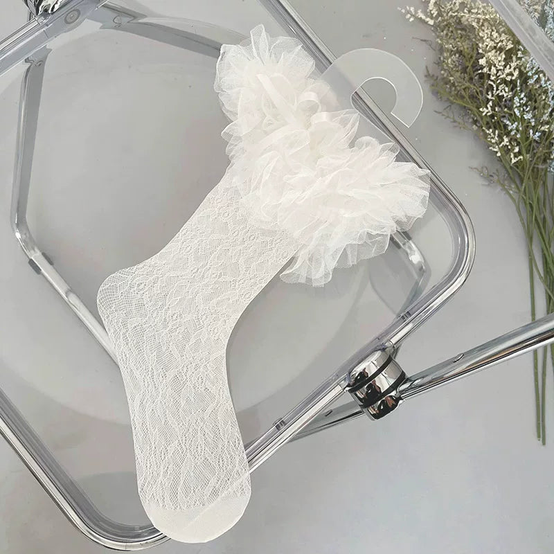 Sock Noble - Cake Doll - Mid-calf socks with pleated mesh ruffles and floral lace