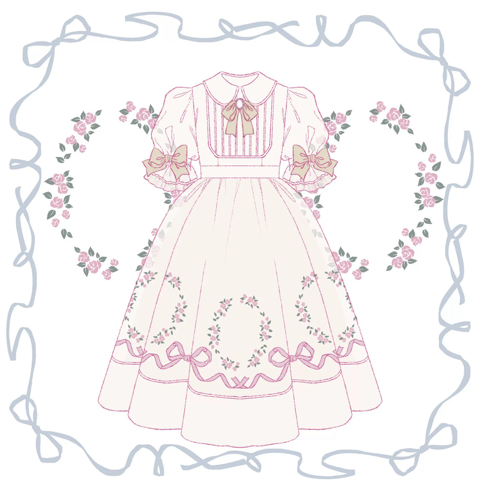 Rose Afternoon Tea Sweet Lolita OP dress with tiered skirt, lace trim, and bow accents, shown with included bow tie