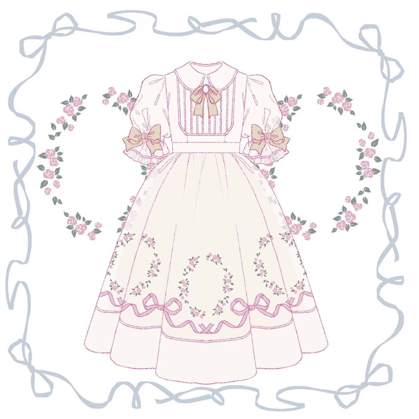 Rose Afternoon Tea Sweet Lolita OP dress with tiered skirt, lace trim, and bow accents, shown with included bow tie
