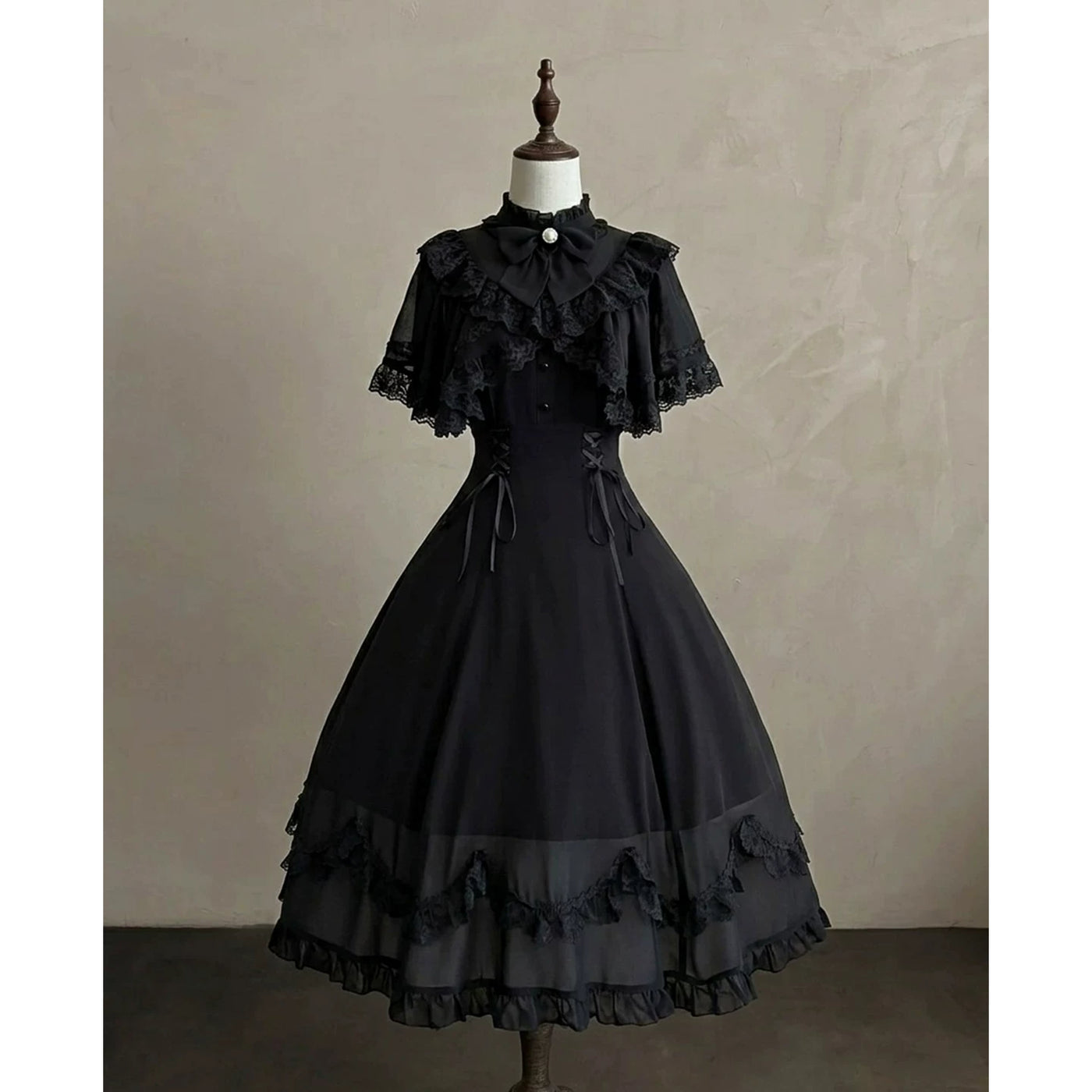 Creamy - Black Bow Cape - Black One-Piece Dress with Layered Lace Cape