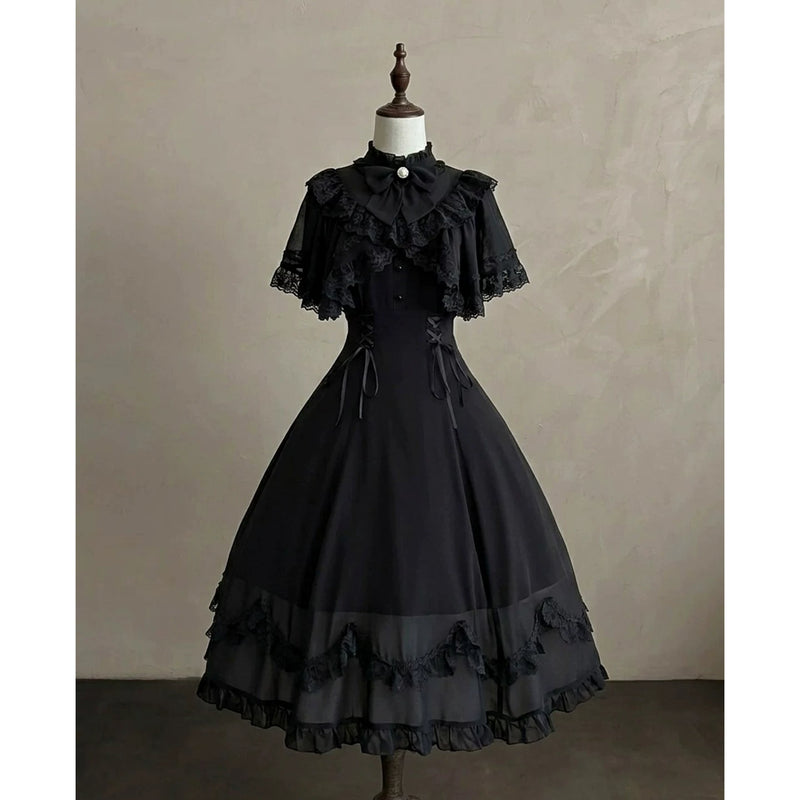 Creamy - Black Bow Cape - Black One-Piece Dress with Layered Lace Cape