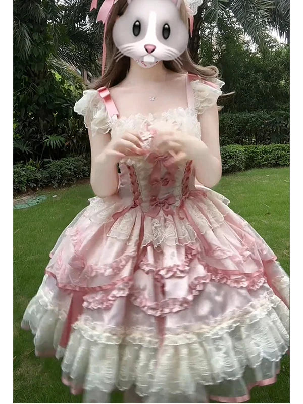 Creamy - Pink Ballet Ruffles - Pink JSK Suspender Dress with a Train and Hairband