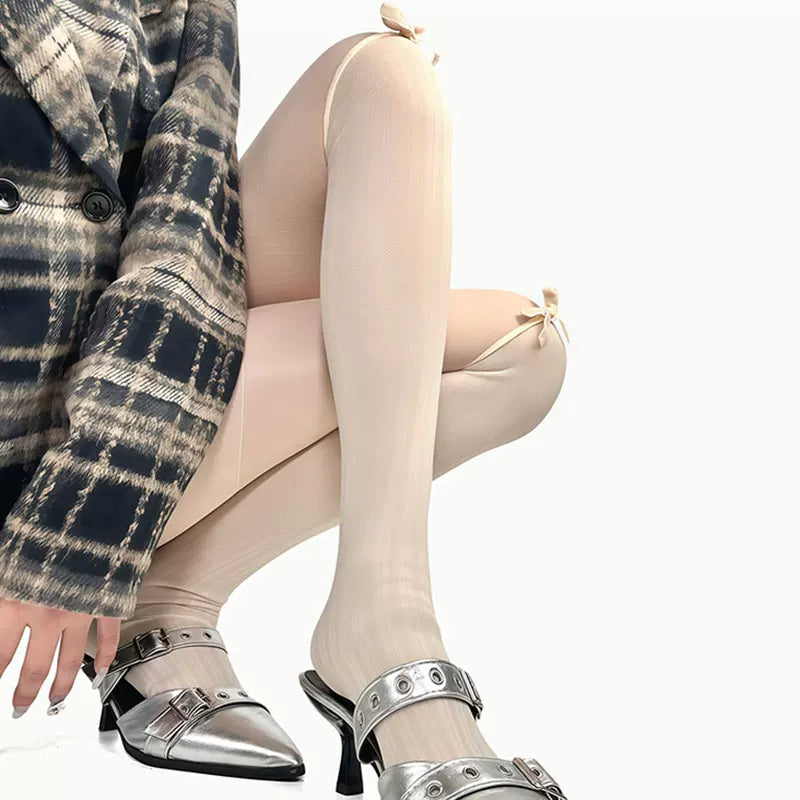 White Socks - Ballet Grid - Bow-Detail Pantyhose