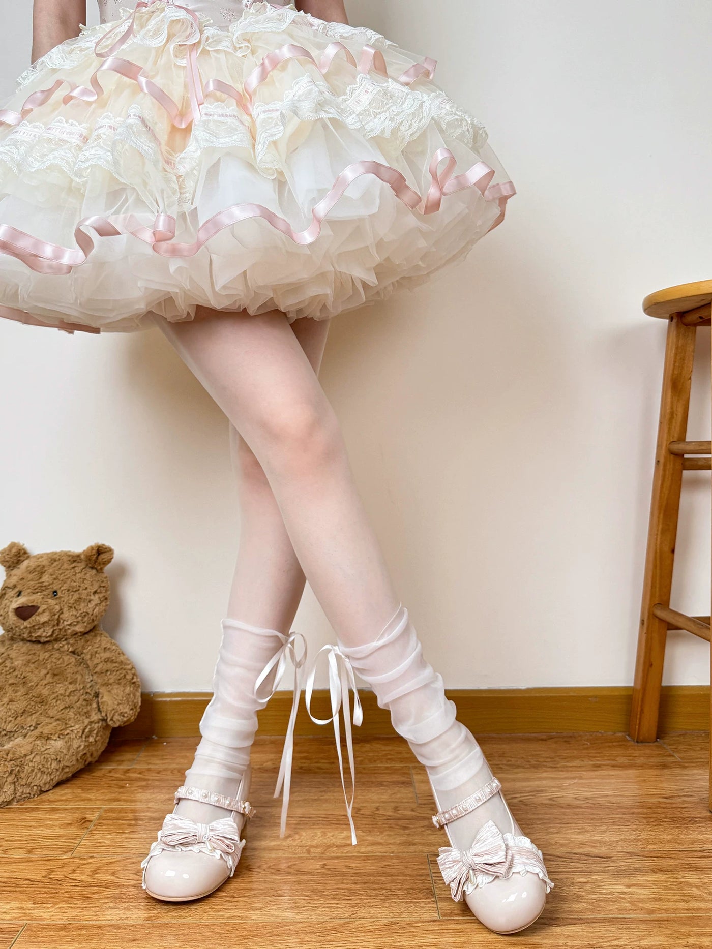Chubby Bear Tales - Ballet Ribbon - Sheer Mid-Calf Socks with Ribbon Bows