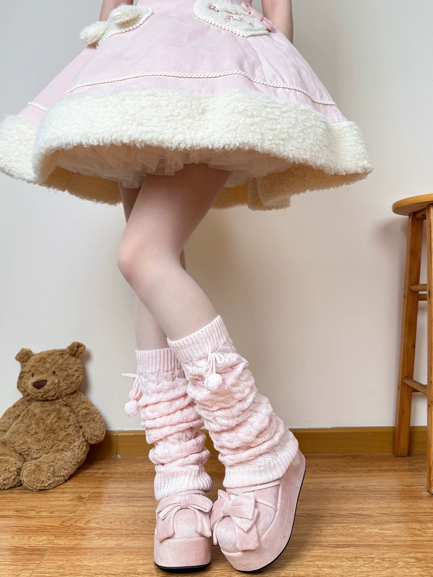 Chubby Bear Tales - Pom-Pom Cable Knit - Cable-Knit Leg Warmers with Pom-Pom Ties