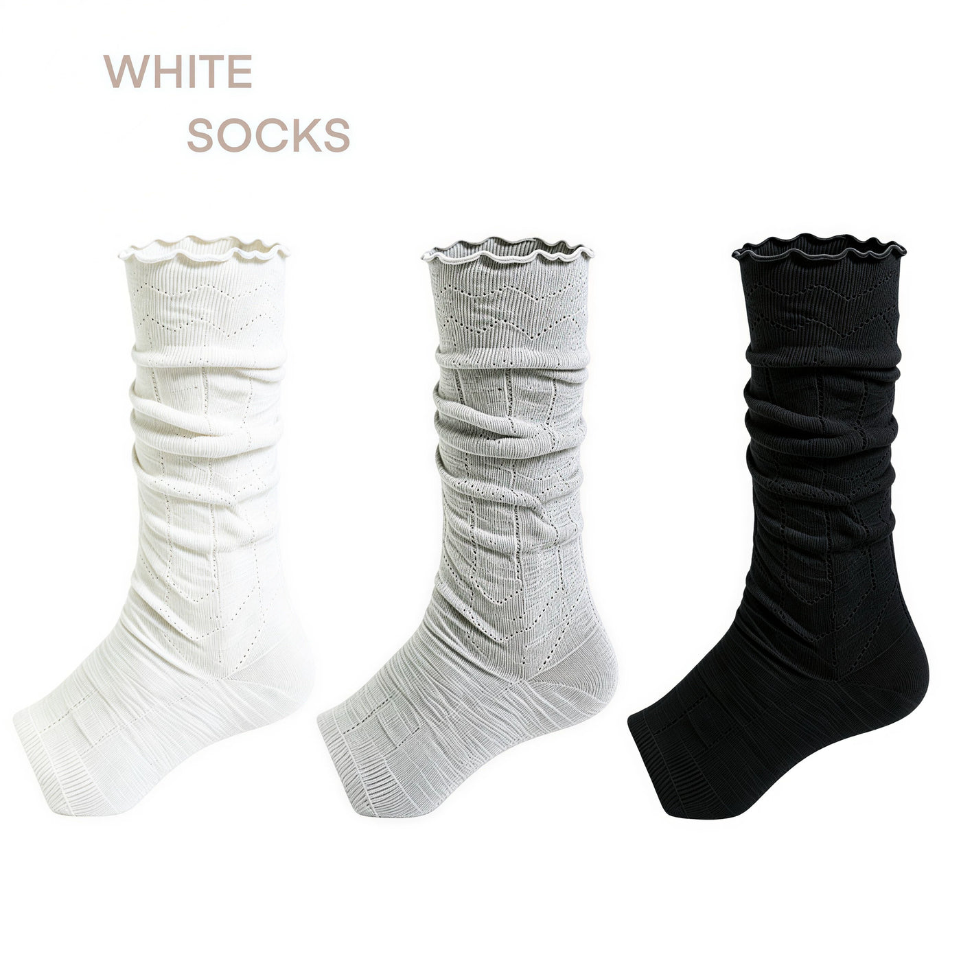 White Socks - Mary Jane Layering - Toeless Scrunched Socks with a Ribbed Texture