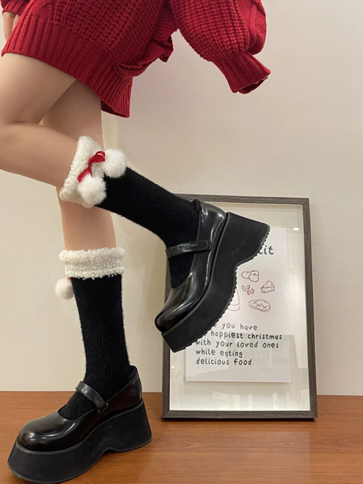 Sock Noble - Christmas Ribbon Slouch - Long Mid-Calf Socks with Fuzzy Cuffs