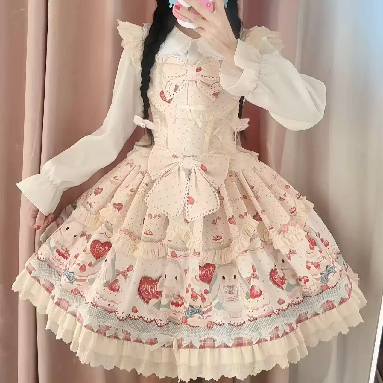 Sweetheart Dream Machine - Cute Rabbit Party - Rabbit-and-Cake Print JSK Dress with Cream Ruffles