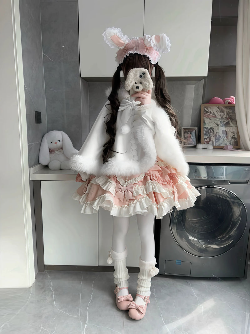 Marshmallow Two-Tone Bow Fleece-Lined Lolita Cape — Pure White Cape