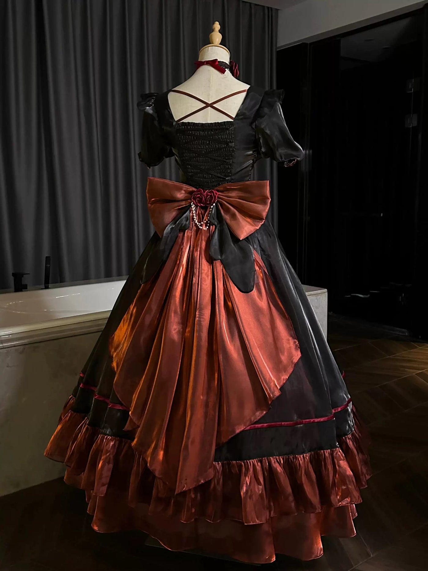 Creamy - Crimson Rose Bridal - Black-Red One-Piece Dress with Train and Bow