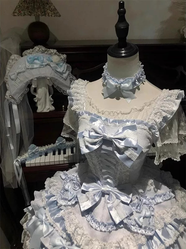 Creamy blue Lolita dress set with train, lace, bows and heart brooches