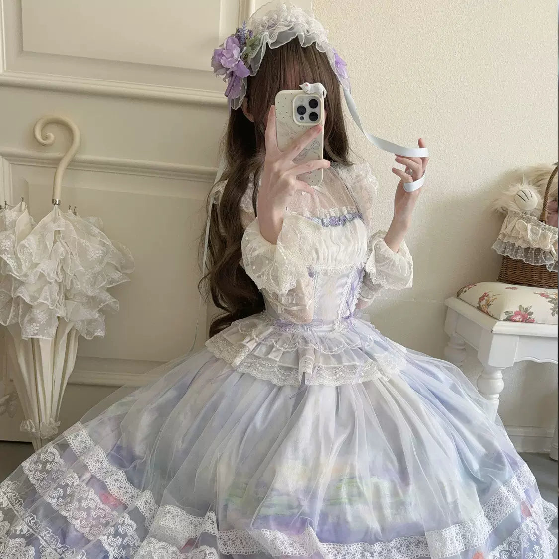 Lady Han Misty Vineyard Classic Dress by Lolita Fetch featuring a floral print and elegant fit on a model.