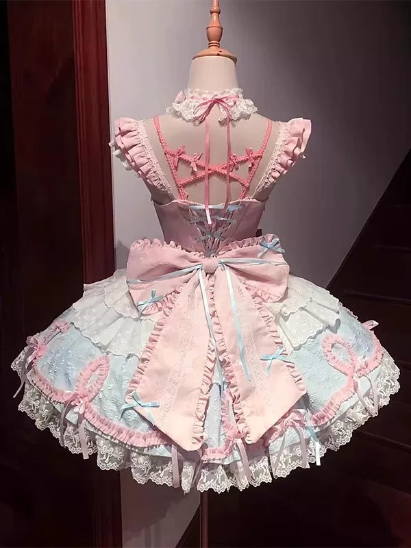 Creamy - Dollhouse Ribbons - Blue-and-Pink JSK Dress with Large Back Bow