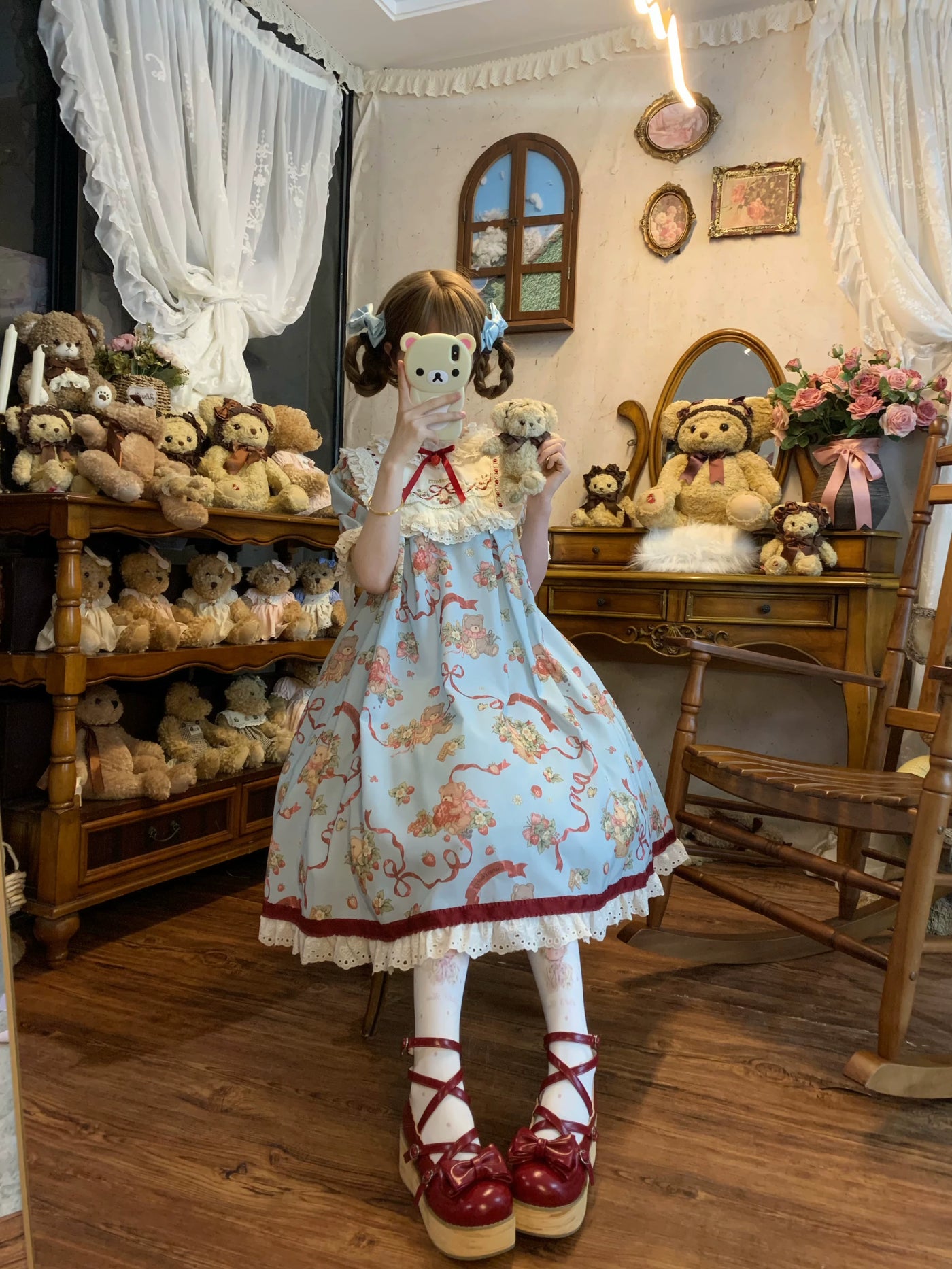 Thousand Wood - Bear's Strawberry Garden - Waistless OP Dress with Bear and Strawberry Prints
