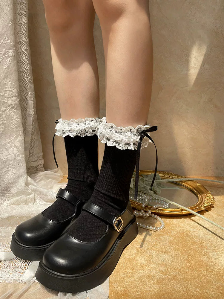 Sock Noble - Embroidered Bow - Cotton Mid-Calf Socks with Double-Layer Lace Cuffs