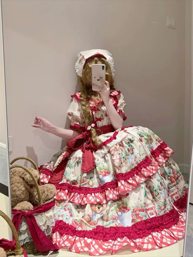 Dream Bunny - December Strawberry Field - Strawberry-Print One-Piece Dress with Red Gingham Ruffles