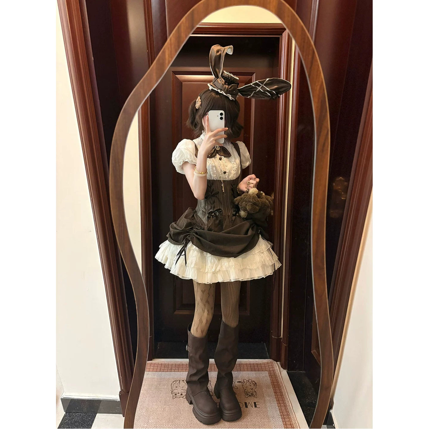 Creamy - Brown Rabbit - Gothic Lolita JSK set with a rabbit-ear hat and bow tie