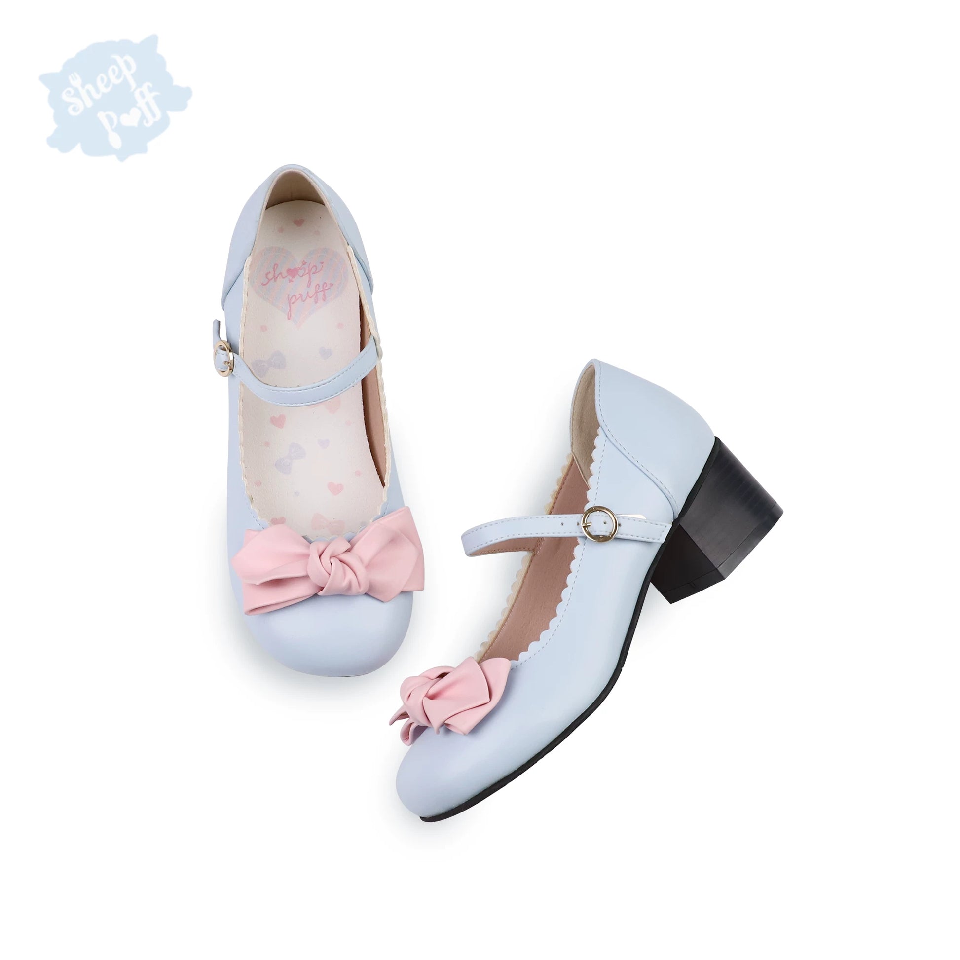 Sheep Puff Lolita shoes featuring rounded bow design and soft pink color, perfect for cute, stylish outfits.