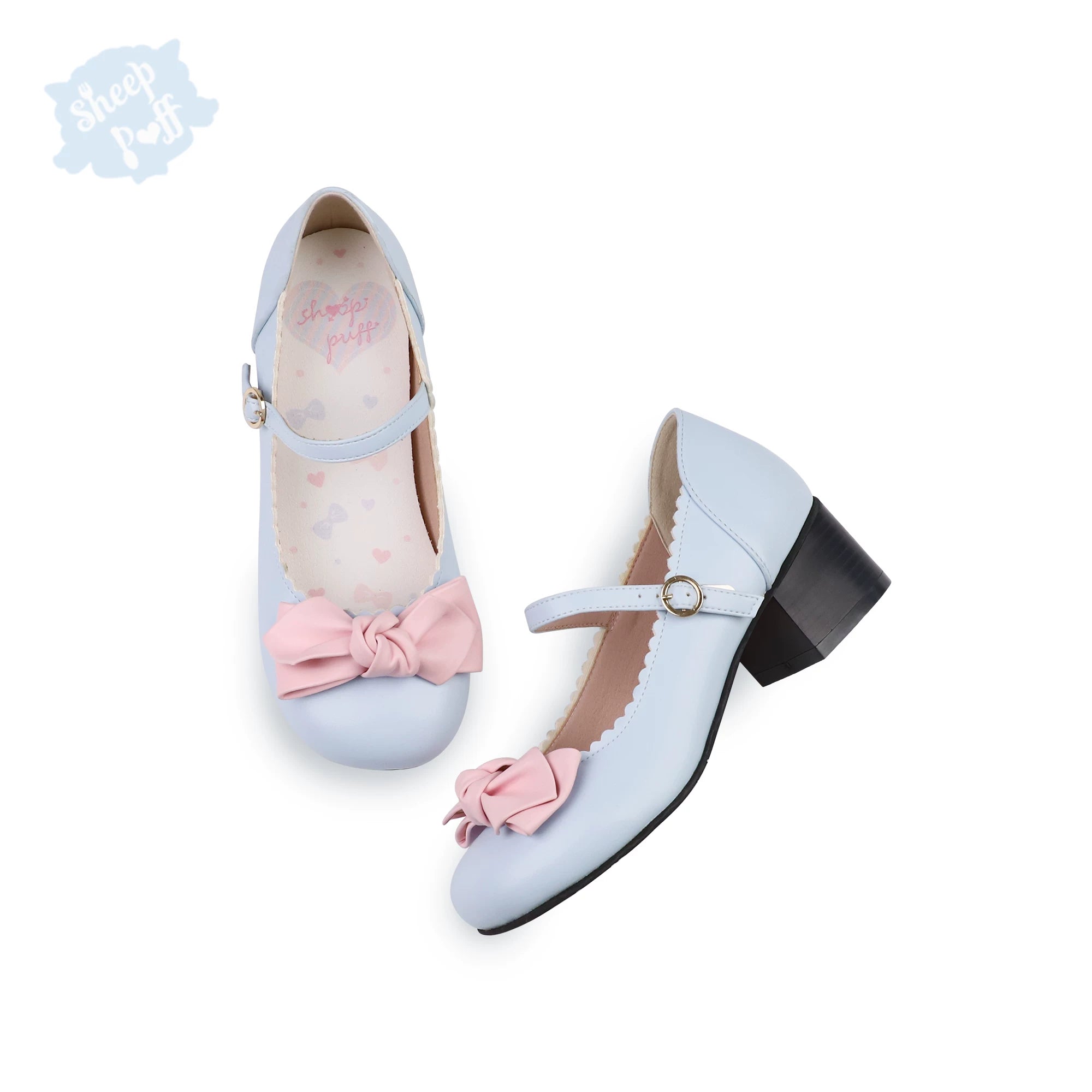 Sheep Puff Lolita shoes featuring rounded bow design and soft pink color, perfect for cute, stylish outfits.