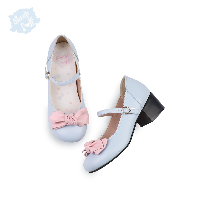 Sheep Puff Lolita shoes featuring rounded bow design and soft pink color, perfect for cute, stylish outfits.