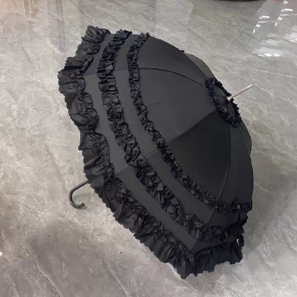 Black long-handle parasol with layered ruffle and lace trim