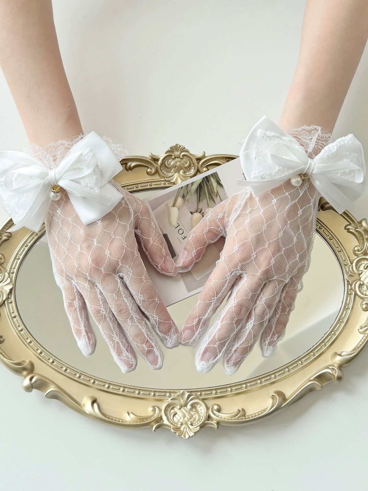 Fantasy Doll white lace gloves with layered bow cuffs and pearl accents