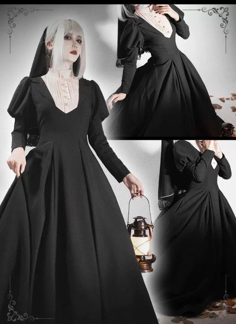 Sweetheart Dream Machine - Black Six-Panel - Pitch-Black Classic Lolita One-Piece Dress with White High-Neck Inset