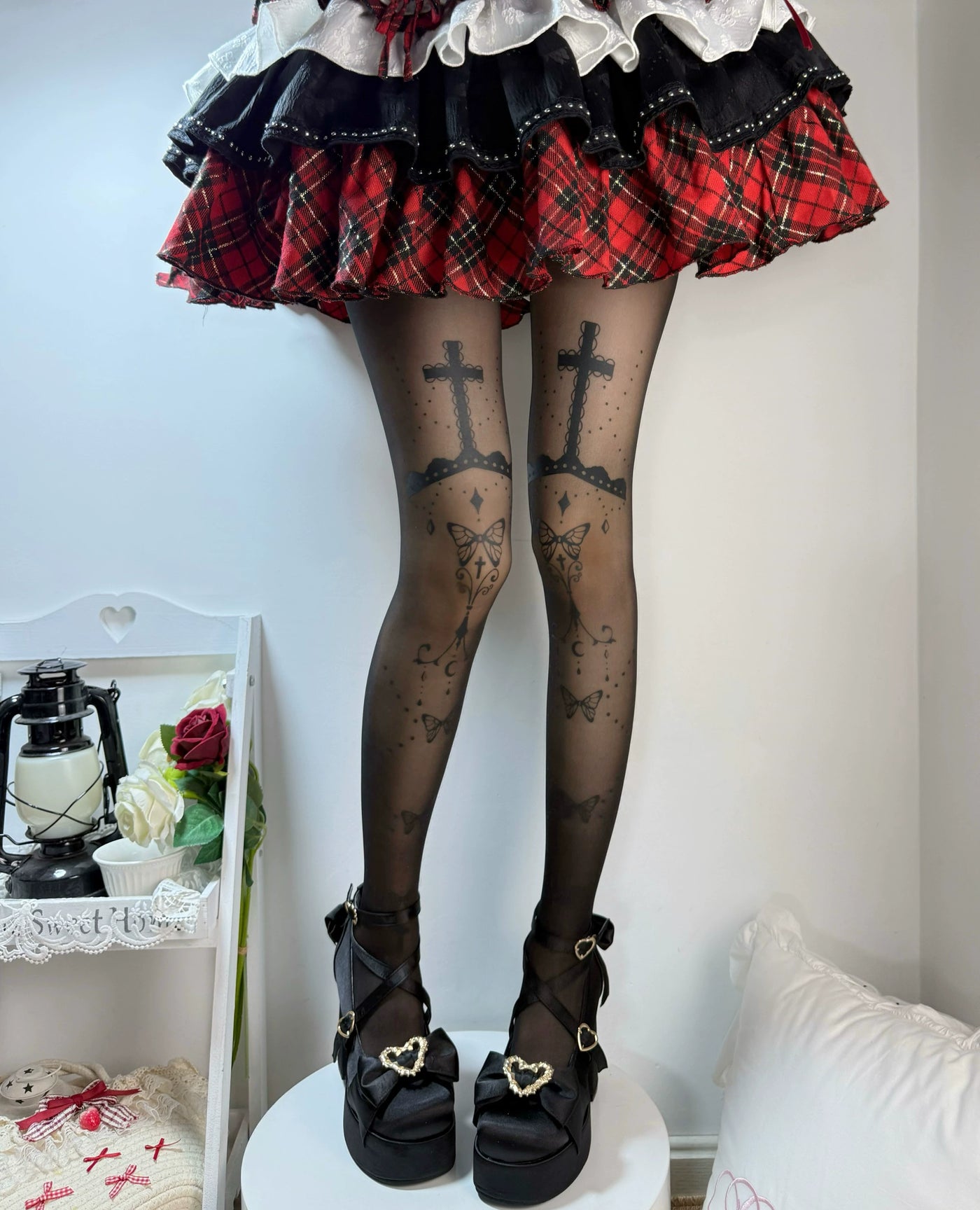 Fantasy Doll - Butterfly Prayer Cross - Printed Pantyhose with Butterfly and Cross Motifs