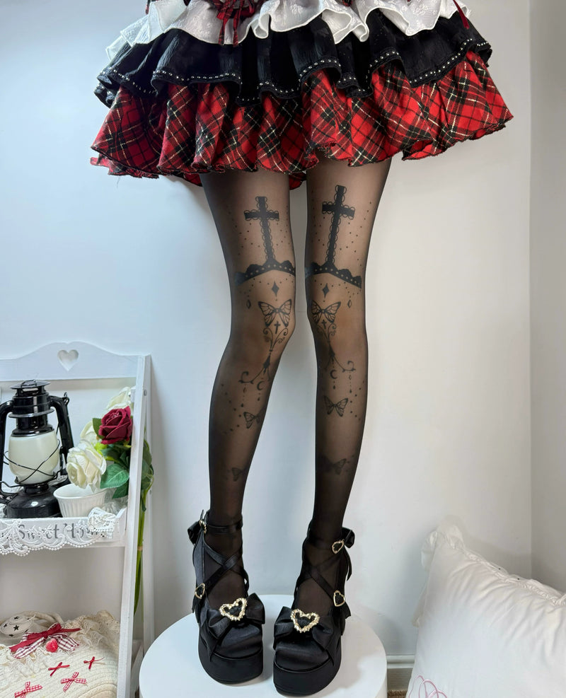 Fantasy Doll - Butterfly Prayer Cross - Printed Pantyhose with Butterfly and Cross Motifs