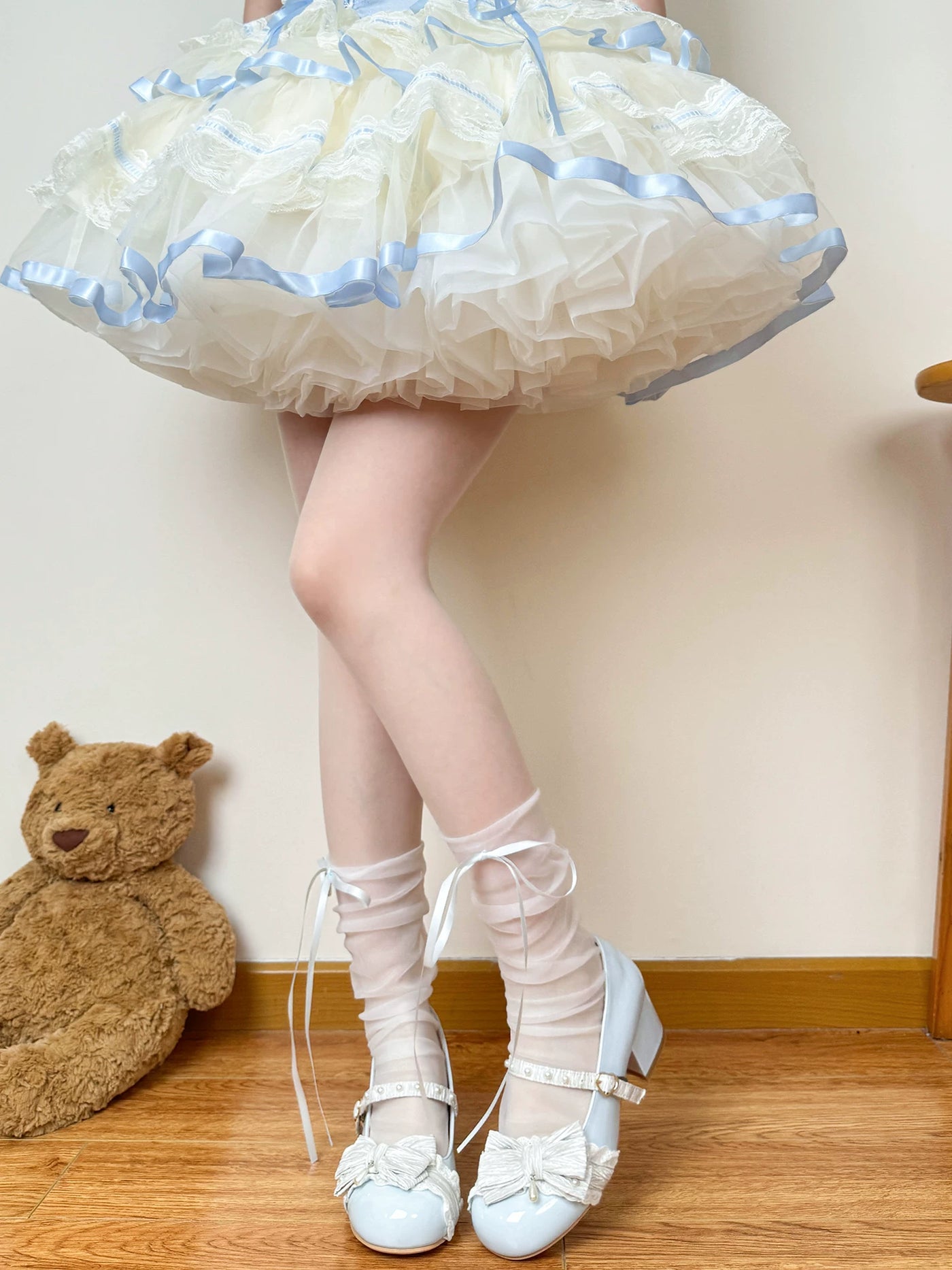 Chubby Bear Tales - Ballet Ribbon - Sheer Mid-Calf Socks with Long Ribbon Ties