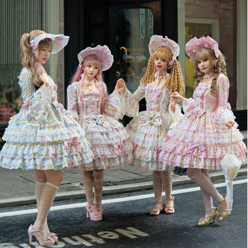 Hanguliang Candelabra Overture Sweet Lolita OP dress in powder blue, long sleeve tiered design with lace trim
