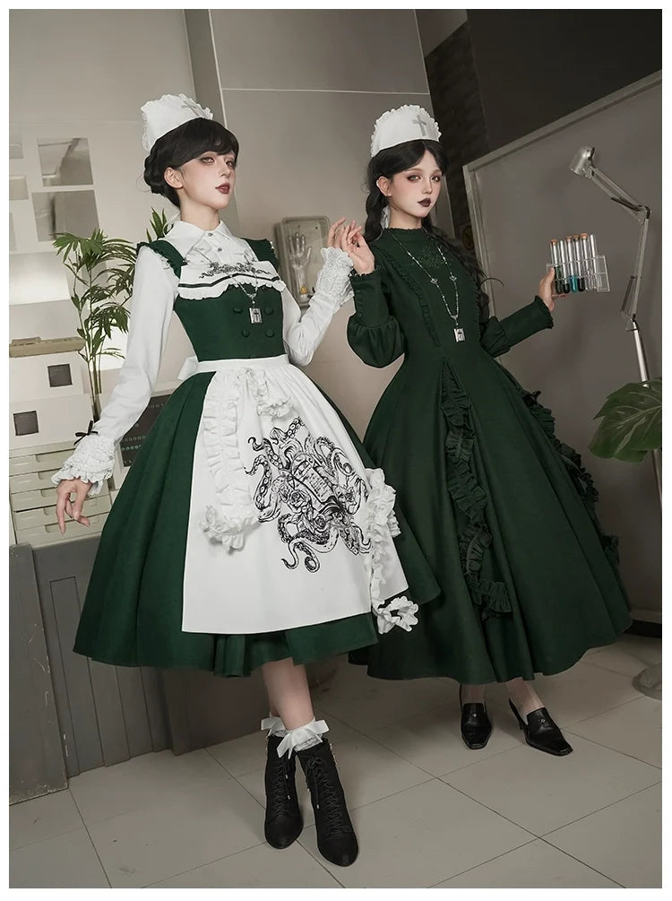 With PUJI - Abyss Clinic - Gothic Lolita Green Dress Set, Embroidery Accent