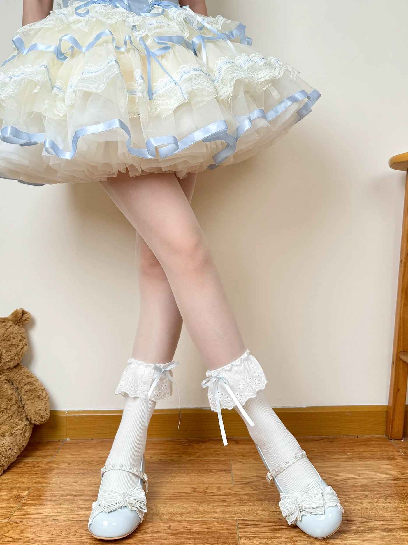 Chubby Bear Tales - Blue Ribbon Lace Collection - Blue-and-White Lolita Sock Collection with Bow Options