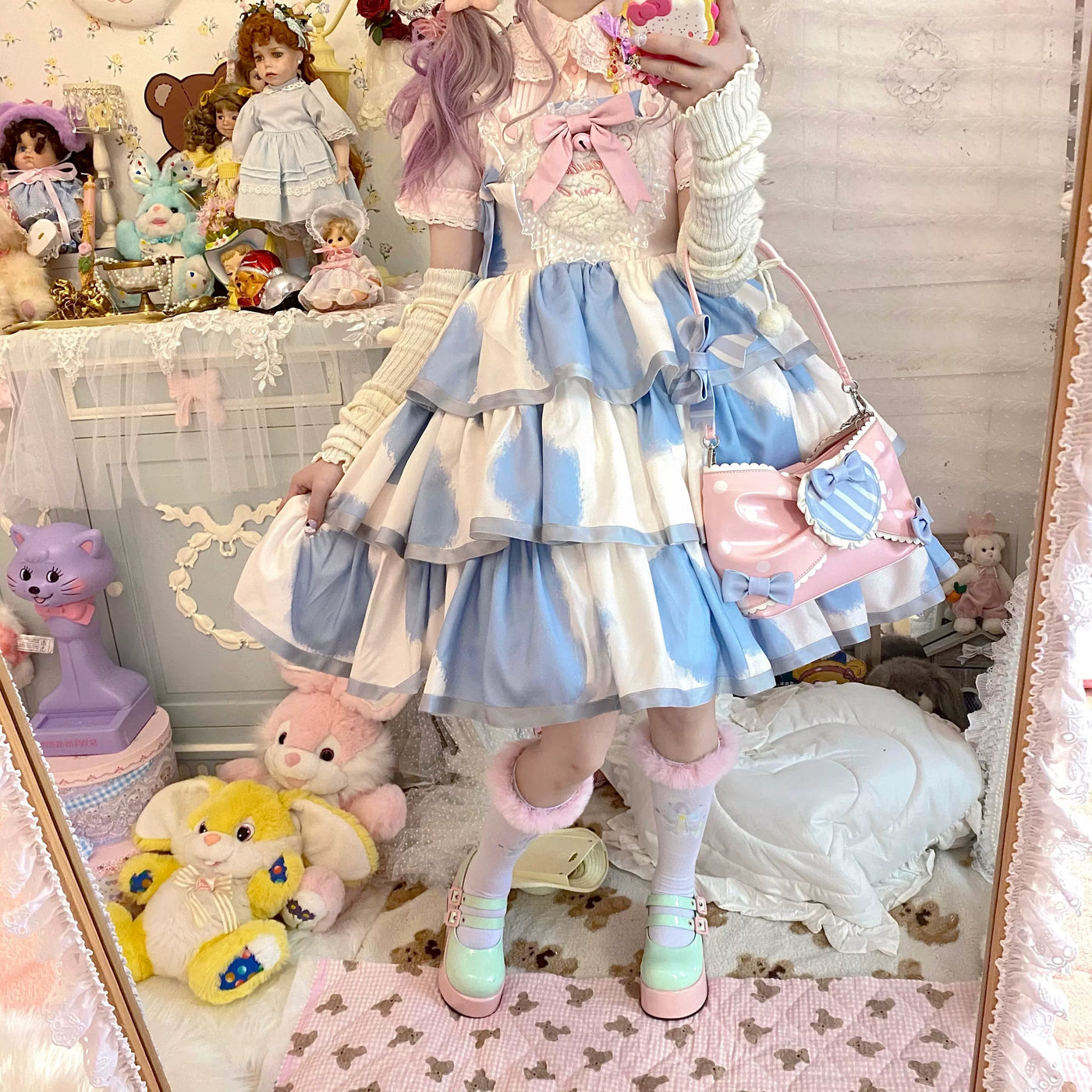 Tata Long Ear - Milk Cake Cow Print - Cow-Print JSK Dress with Three-Section Skirt