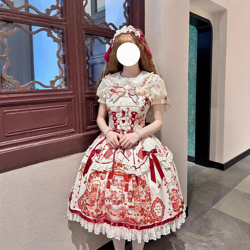 ZhiJinYuan - Strawberry Bear -  Strawberry Handle Printed Sweet Lolita JSK Dress - Lolita Fetch