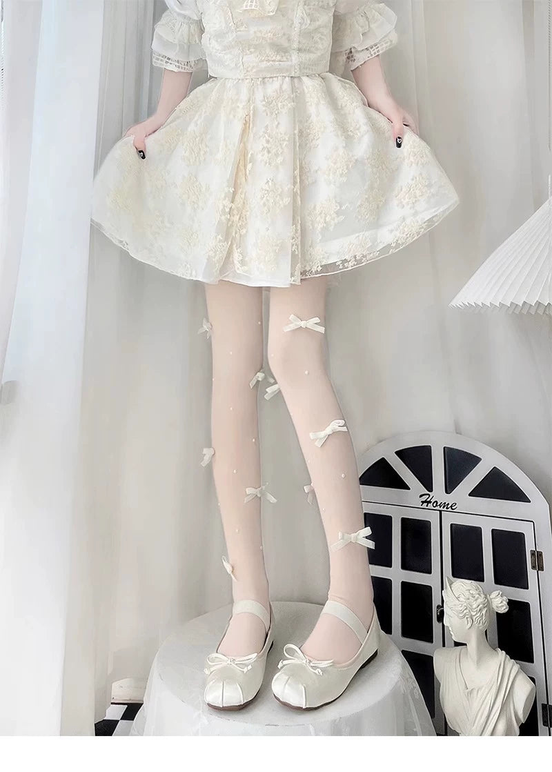 Floral Milk Cat - Pearl Bow - Ultra-Thin Tights with Ribbon Bows