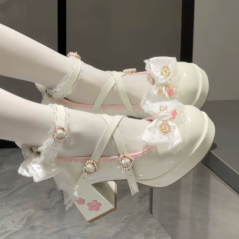 Kitten Toast – Sakura Letter – Floral Lace Platform Heels in Glossy White — product photo 7