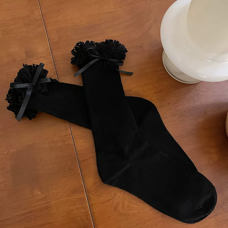 Sock Noble - Ruffle Bow - Scrunched Mid-Calf Socks with Ruffled Lace Cuffs