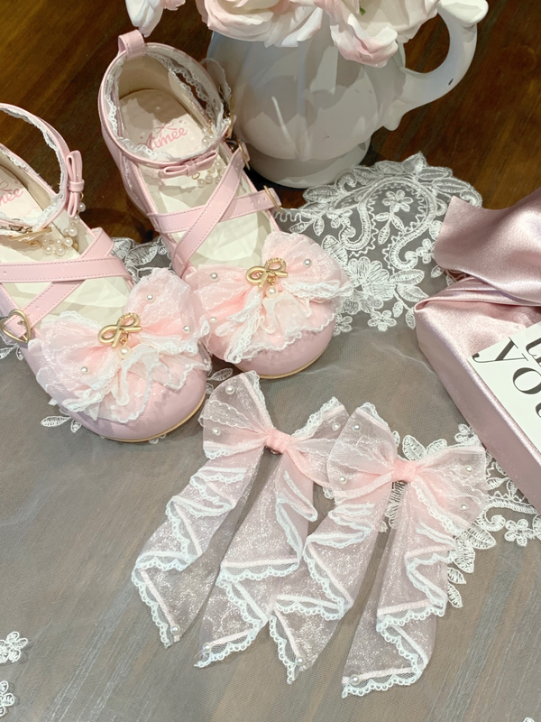 Aimee Showa Snow Princess Lolita shoes — pink bow shoes displayed together