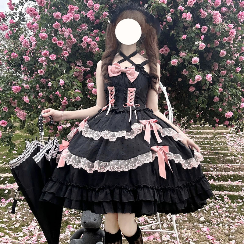 Lady Han Miss Pearl JSK dress by Lolita Fetch featuring a floral print, lace details, and a fitted bodice on a dress form.