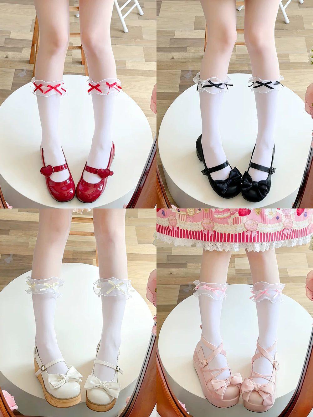 White ruffle-cuff slouch socks with ribbon bows styled with glossy Mary Jane shoes