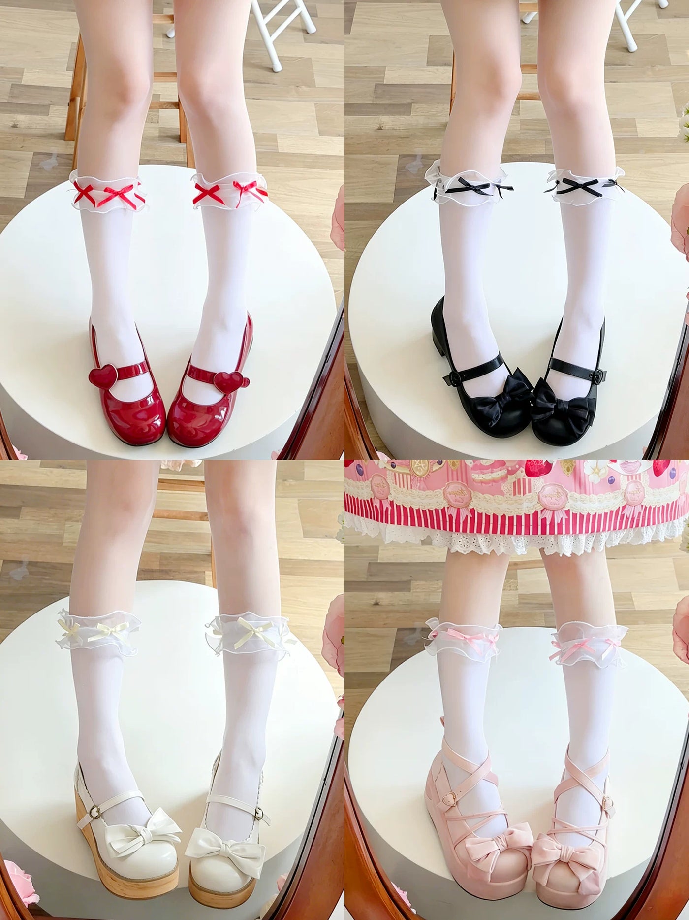 White ruffle-cuff slouch socks with ribbon bows styled with glossy Mary Jane shoes