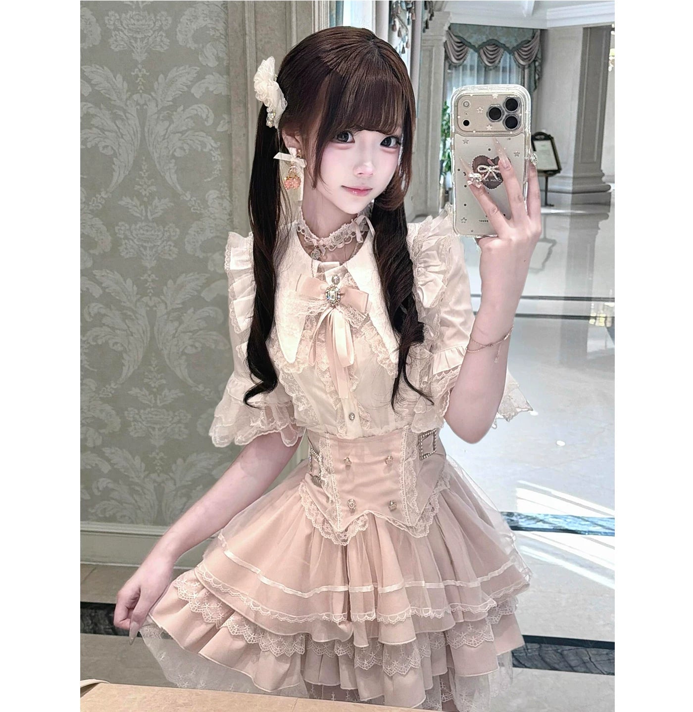 Creamy - Lace Bow - Two-Piece Top-and-Skirt Set with Layered Lace Trim