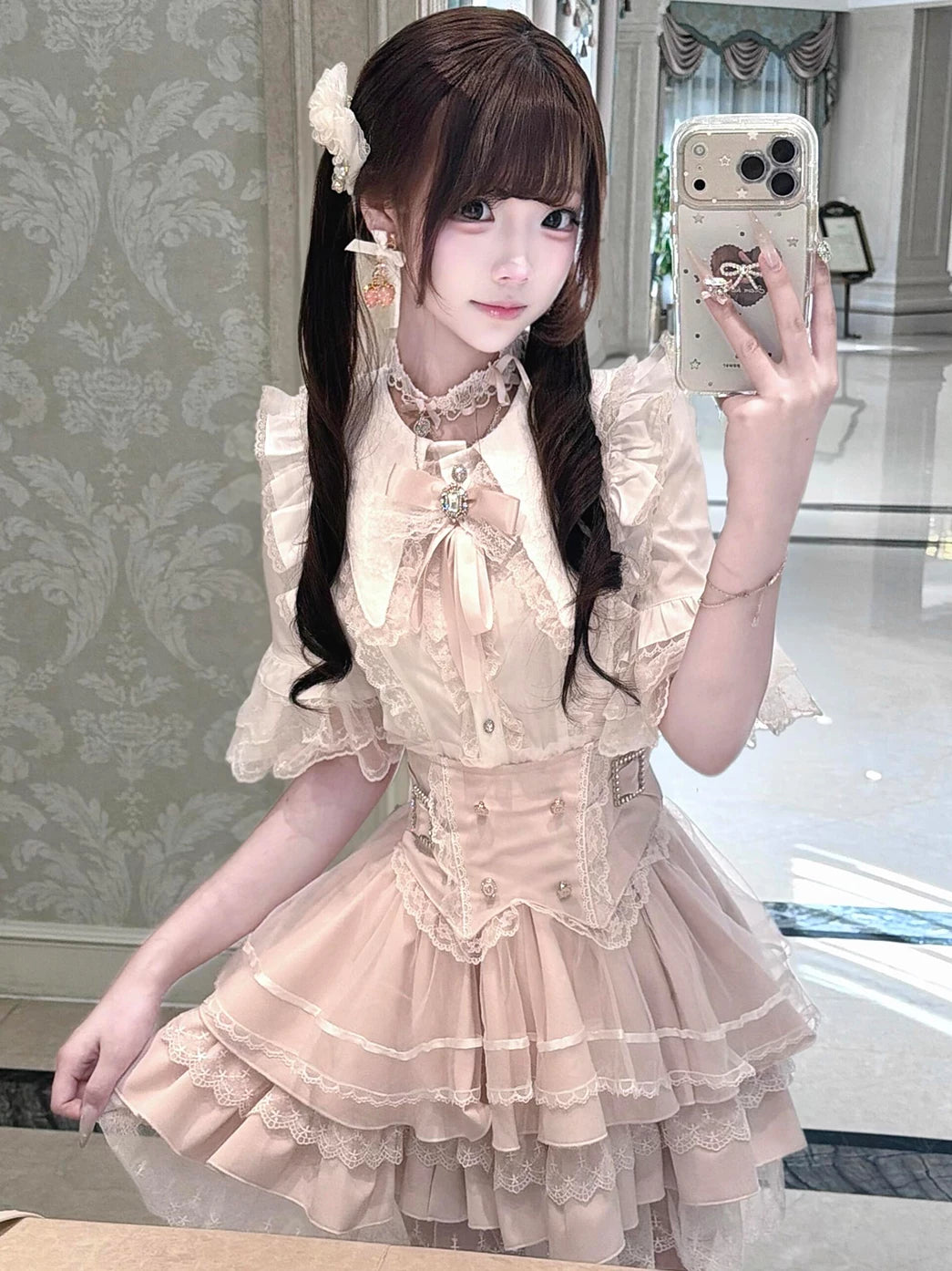 Creamy - Lace Bow - Two-Piece Top-and-Skirt Set with Layered Lace Trim