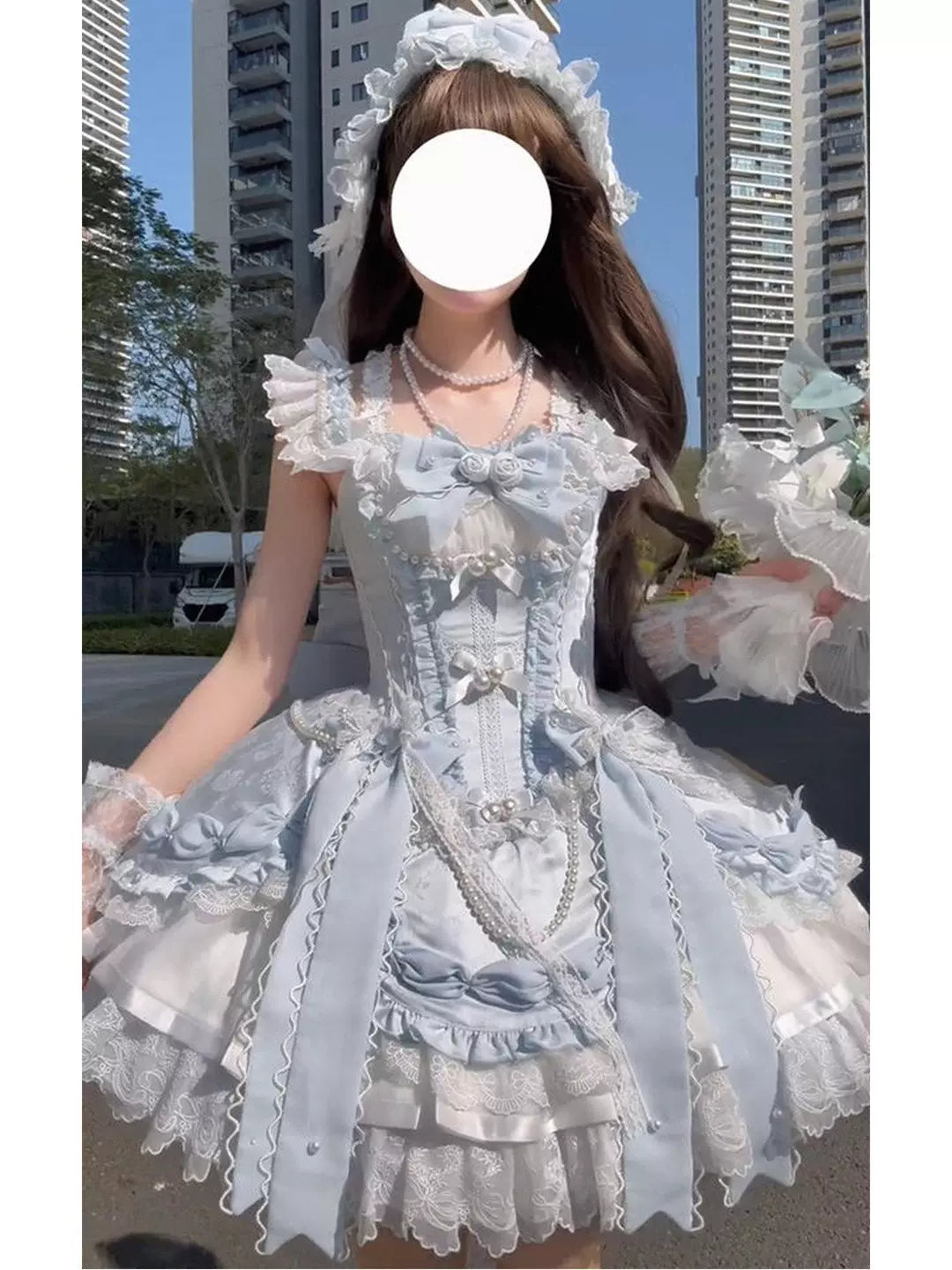 Creamy - Blue Ballet - Blue-and-White Ballet-Style Dress Set with Layered Lace