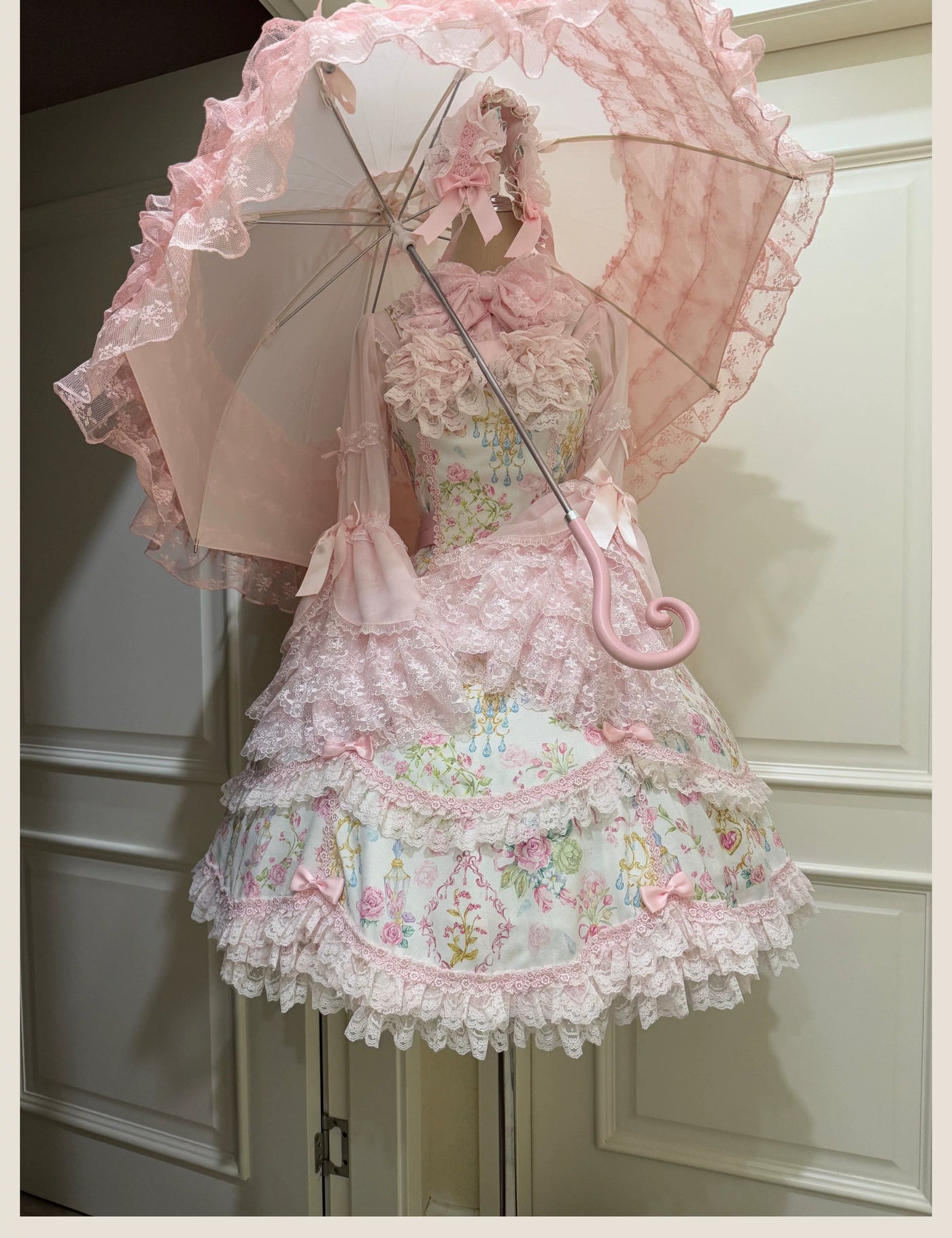 Tata Long Ear - Spring 2025 Floral Wall - Floral Print JSK Dress with Layered Lace Ruffles