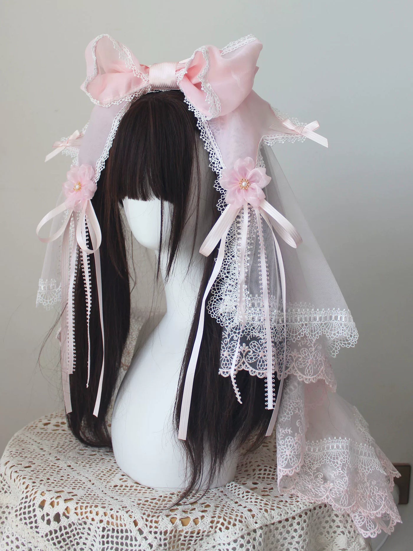 Deer Girl Handmade - Cherry Blossom Confession - Headwear with pink bow and lace-trimmed veil options