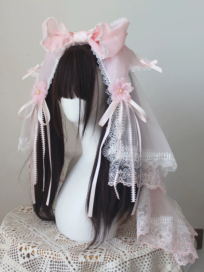 Deer Girl Handmade - Cherry Blossom Confession - Headwear with pink bow and lace-trimmed veil options